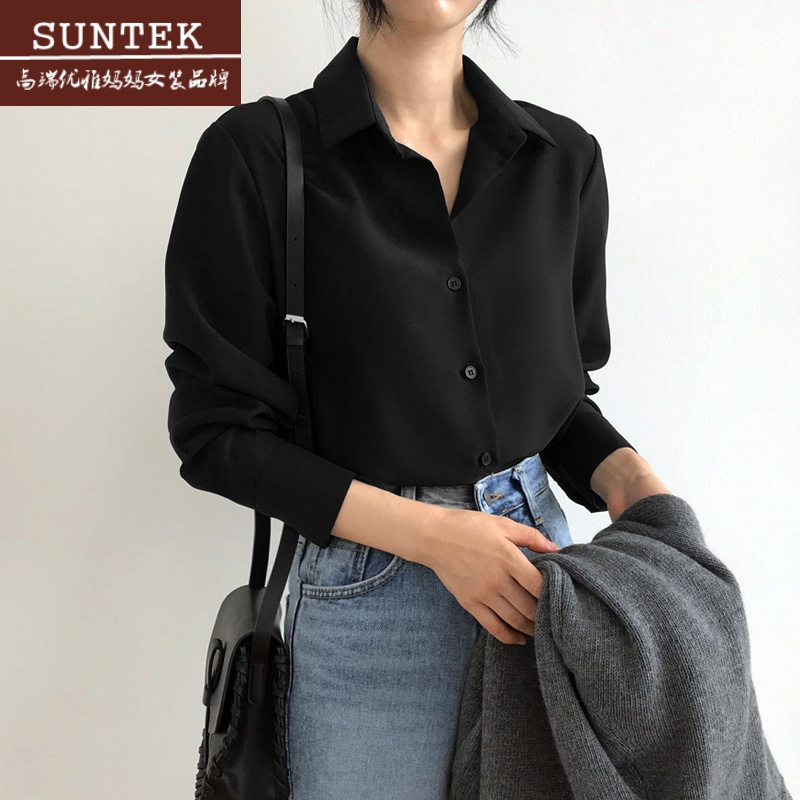 suntek雪纺衬衫女2023春季新款韩版宽松显瘦打底衫黑色职业ol百搭上衣