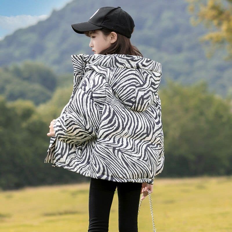 MinanSer童装女童羽绒服冬装2021年冬季新款儿童加厚中大童时髦网红斑马纹白鸭绒连帽外套3-10岁潮冬季新品图片
