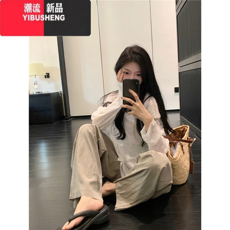 YIBUSHENG慵懒风休闲薄款防晒衫长袖T恤女装季小众宽松显瘦白色针织上衣