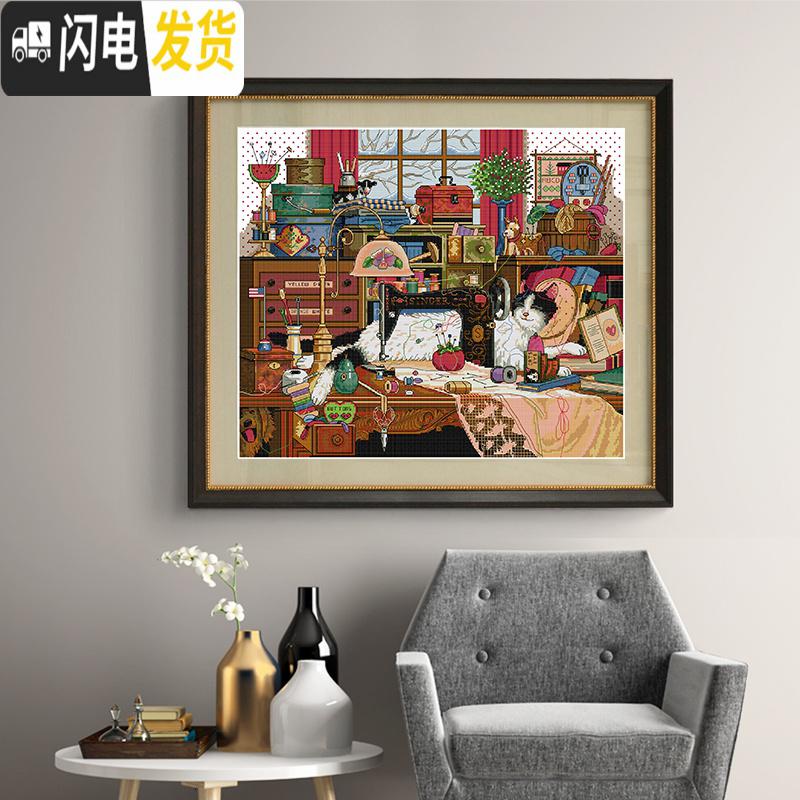 三维工匠十字绣2019新款绣房间 卧室 可爱动物猫咪美式客厅线绣自己绣 印花款尺寸69×60cm中格长绒棉线[送工具包]高清大图