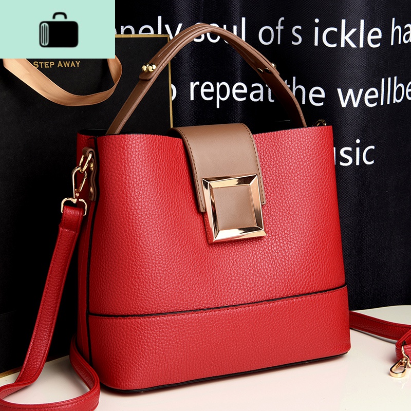 包包女包2020新款时尚百搭潮春款真皮水桶包手提单肩斜挎网红女包NEWLAKE 中华红