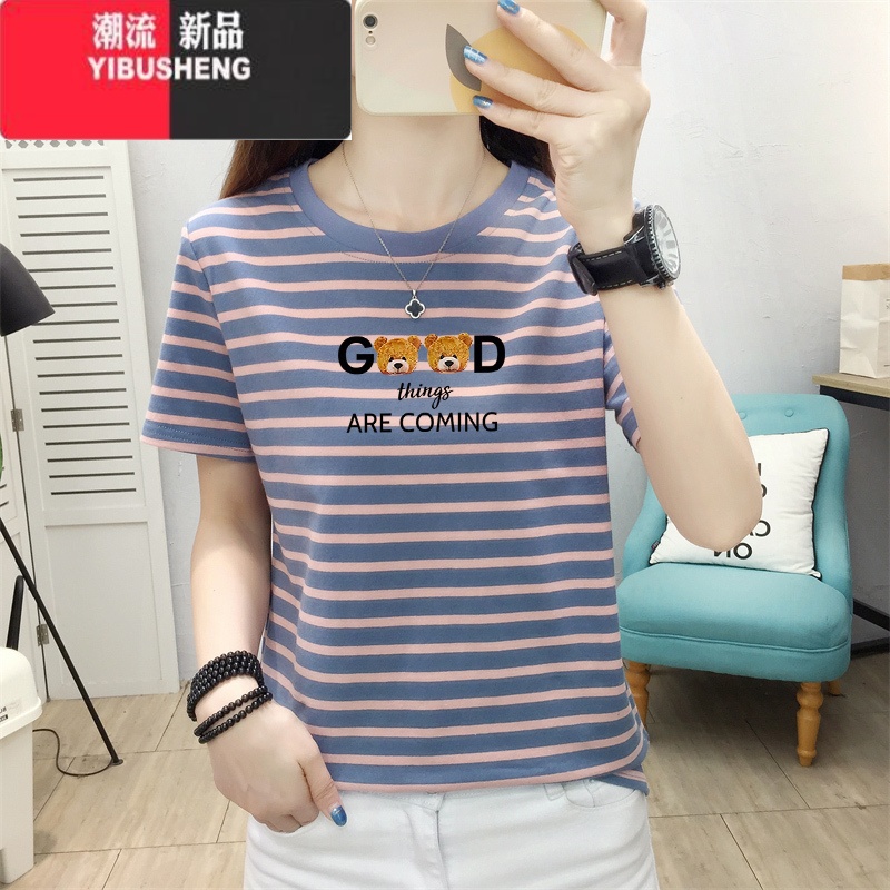 YIBUSHENG条纹短袖t恤女季2024新款宽松大码减龄漂亮洋气正码漂N款高清大图