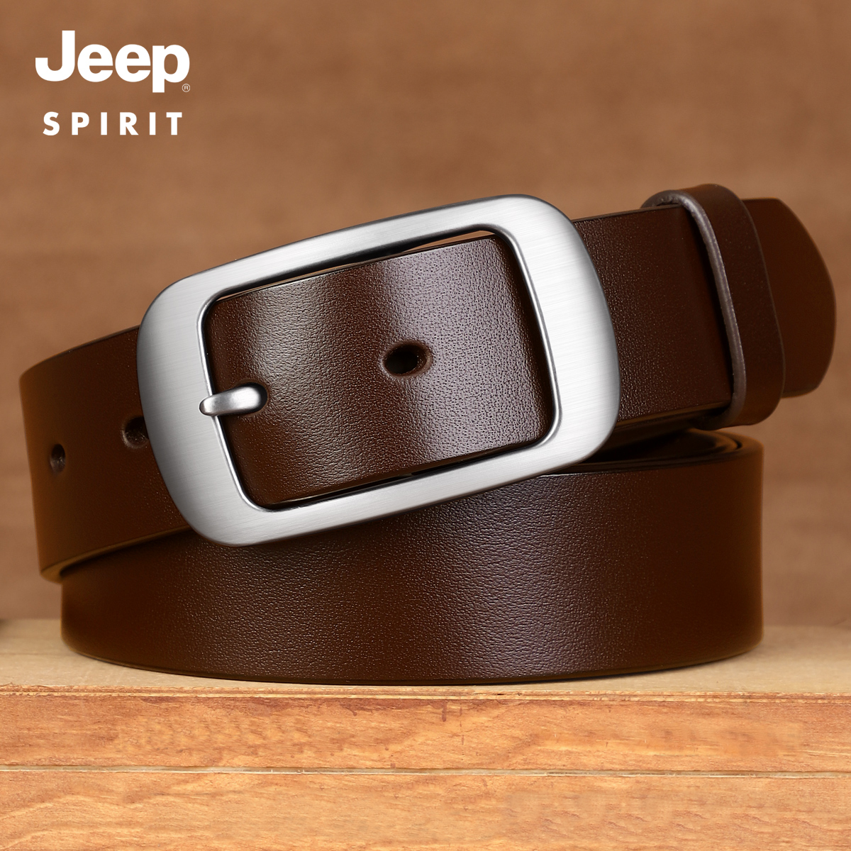 Jeep吉普头层纯牛皮腰带男休闲手工皮带男真皮针扣正品复古裤层扣高清大图