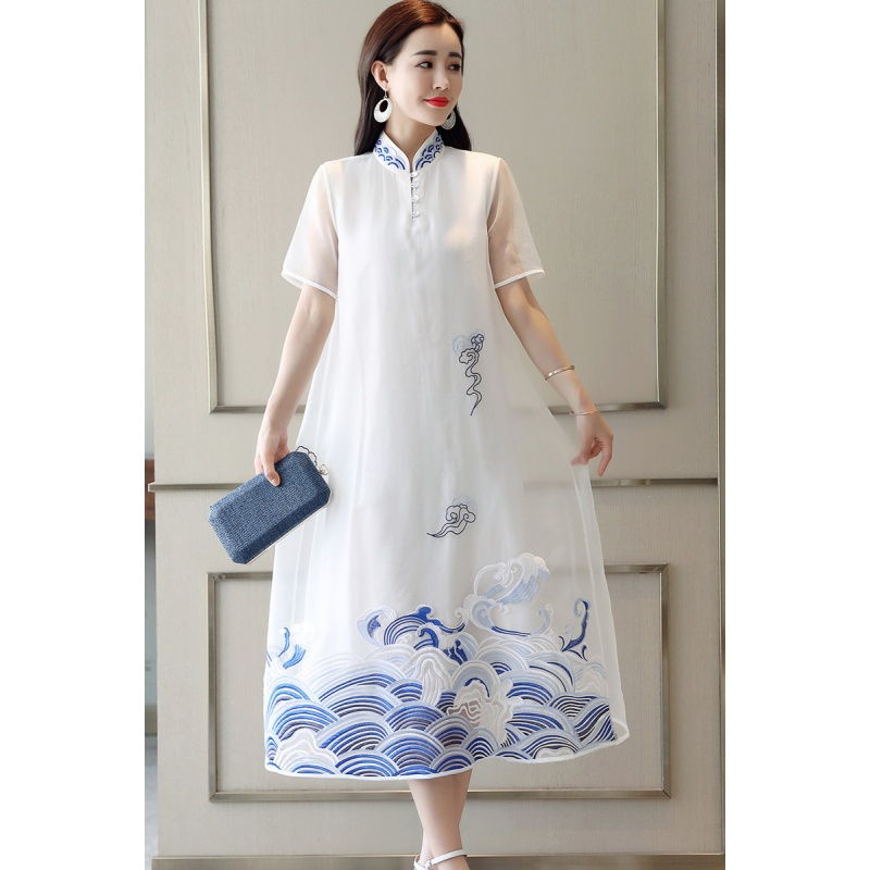 民族风连衣裙女士夏款新盘扣旗袍文艺复古禅意茶服中国风女装长裙
