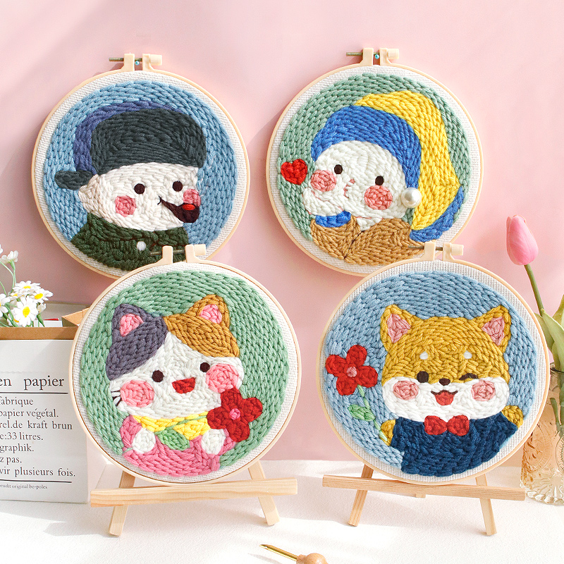 小窝厘 DIY卡通戳戳绣材料包可爱卡通图案毛线画装饰画20*20cm款式随机出货