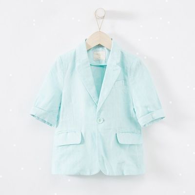[2件2折价:55]米喜迪mecity童装夏新款男童校服小学生诗朗诵亚麻西装 羽蓝 130/64