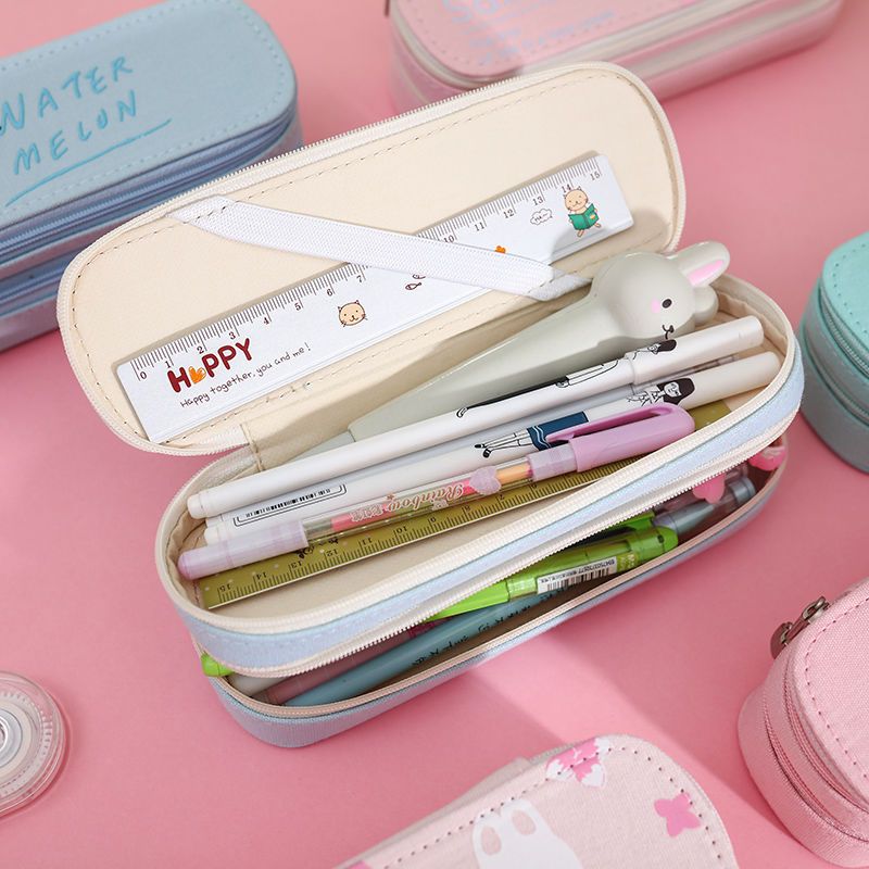 笔袋日韩国创意简约女生铅笔盒小学生可爱女孩小清新文具盒 速写猫-白色LIFE-双层