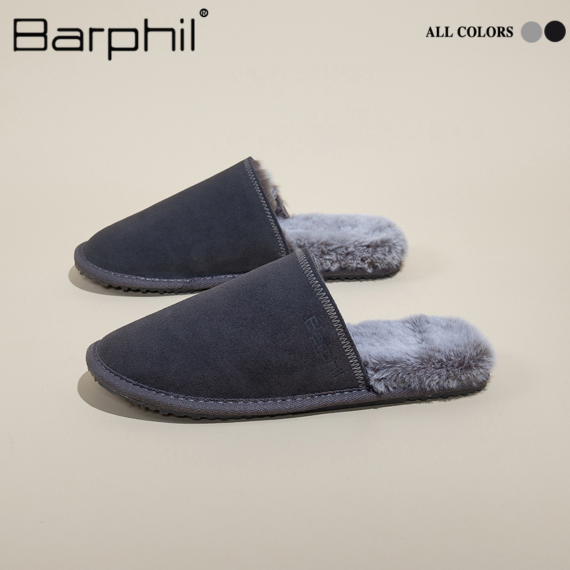 Barphil男士拖鞋室内家居2023牛皮防滑保暖皮毛一体休闲棉拖冬季