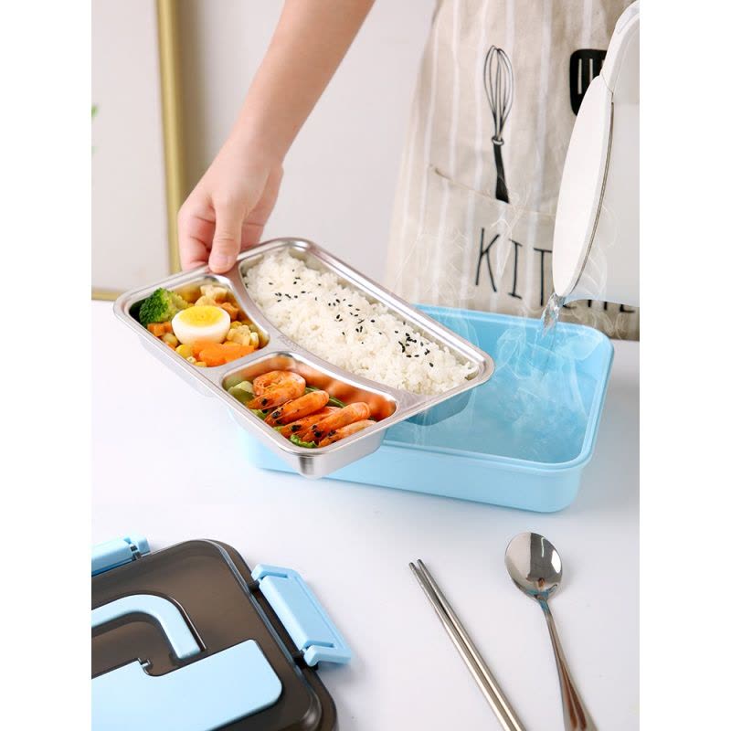 茶具分格保温便当饭盒便携不锈钢简约大容量学生上班族带饭的餐盒套装 蓝色三茶具分格1500ML+餐具+保温袋图片
