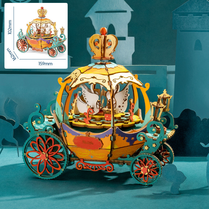 robotime若态木制拼装积木旋转式八音盒儿童女孩玩具生日 南瓜车的