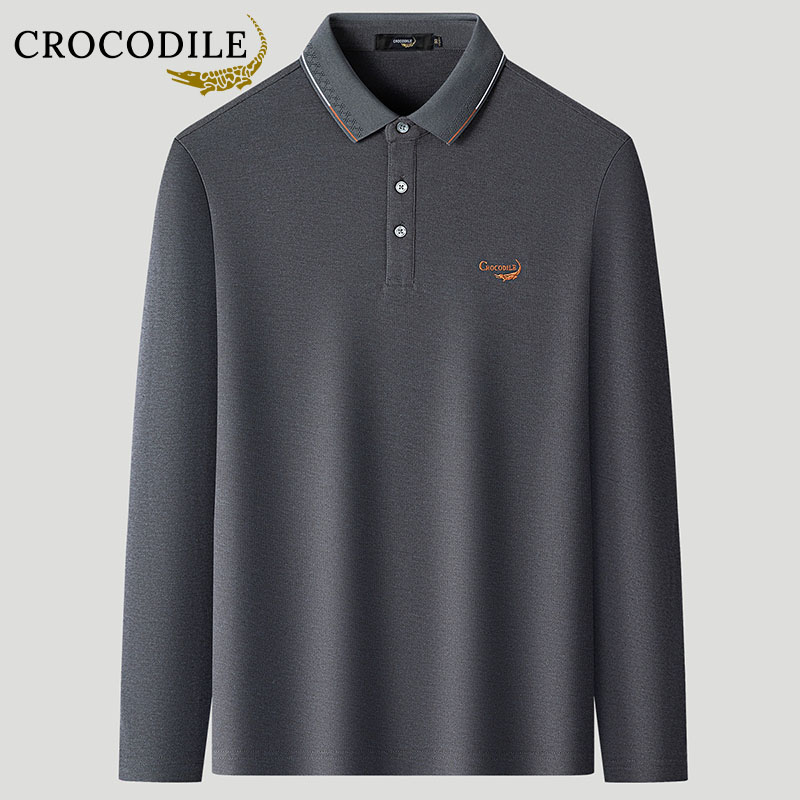 鳄鱼恤CROCODILE 纯棉翻领长袖POLO衫男秋季商务休闲宽松大码男装上衣高清大图