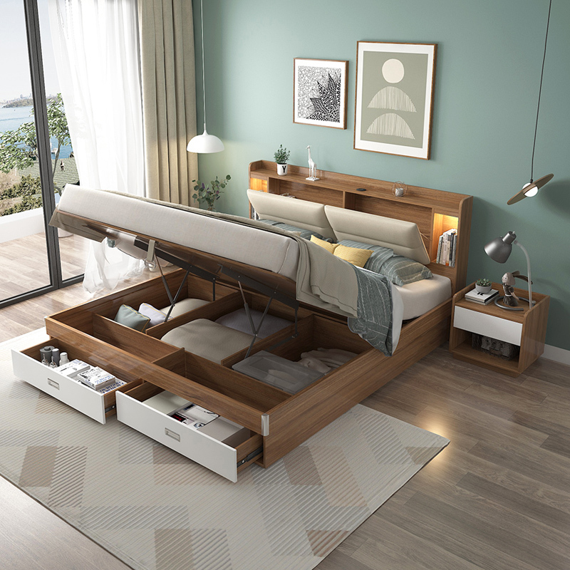 双人床现代简约小户型带灯抽屉式收纳储物箱体床榻榻米落地板式床