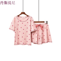 2018纯棉睡衣女夏 休闲短袖短裤全棉坑条莓印花家居服套装