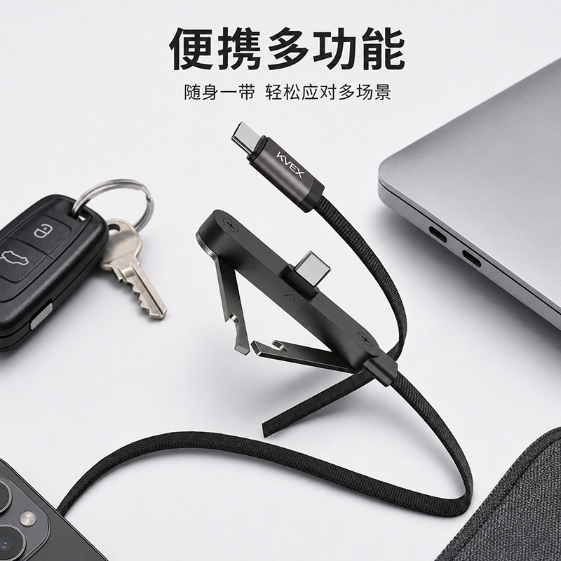 克维杰 轴系列 240W C To C 开瓶器/手机支架编织扁线数据线 黑色 1M KV-CC10H高清大图