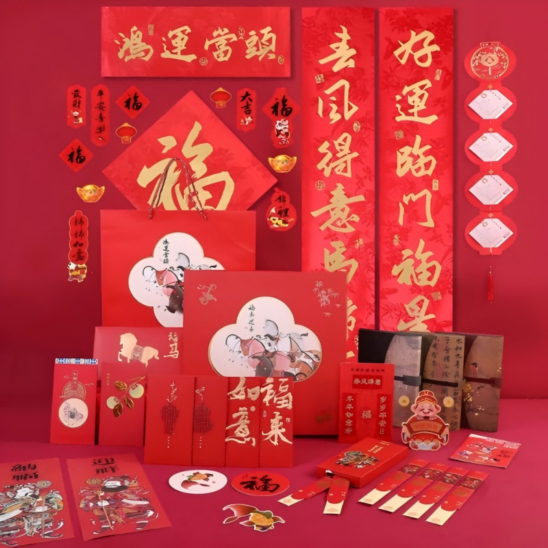 连联红 福马迎春-鸿运当头对联春联)套装 好运临门