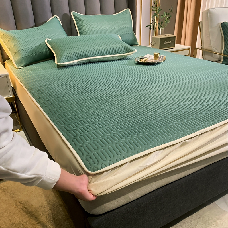 家柏饰(CORATED)乳胶凉席三件套夏冰丝席1.8m床床笠式可水洗折叠1.2米1.5空调软席 床笠式乳胶凉席-芥末绿 1.5m（5英尺）床