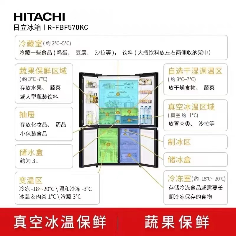 日立(HITACHI) 573升十字对开门 风冷无霜变频冰箱 水晶玻璃自动制冰 R-FBF570KC(水晶黑)