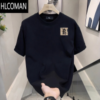 HLCOMAN2024夏新款短袖t恤男衣服宽松休闲印花体恤O袖袖夏 3XL160-180斤 黑色小R标