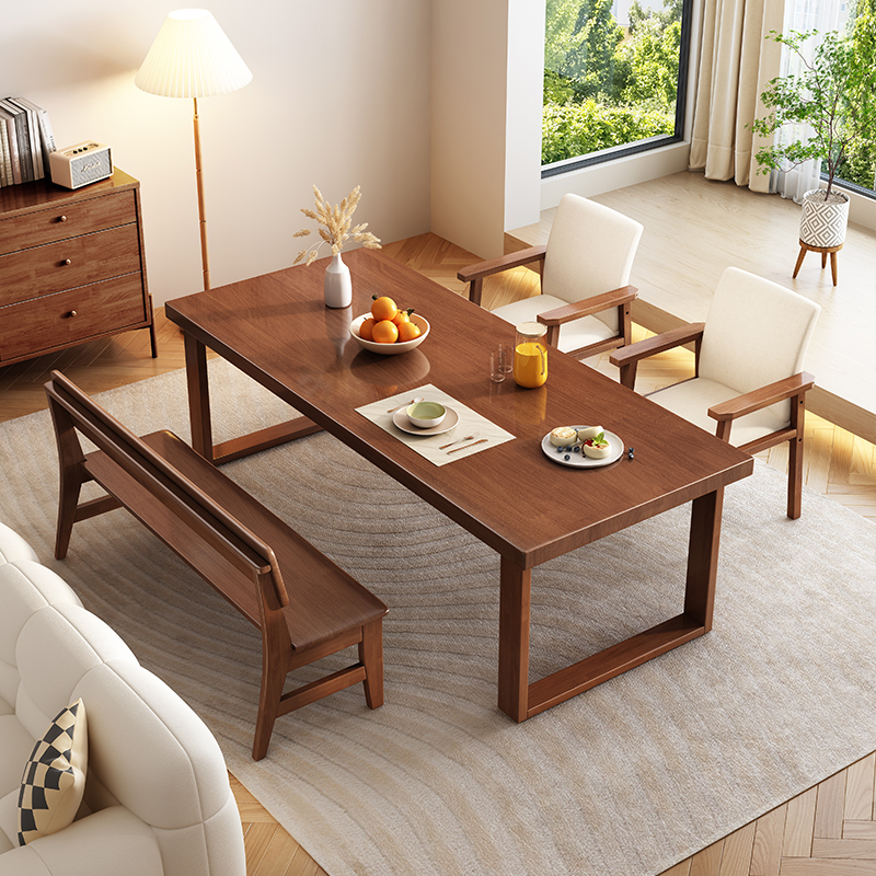 景山百岁实木餐桌长方形家用饭桌客厅餐书桌一体长条大板桌子多人写字桌子 桌子+长凳*1+弯背椅子*1 1.2m