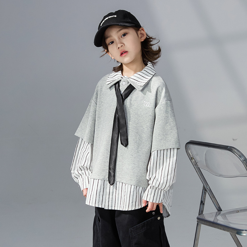 男童假两件长袖T恤春秋款新款大男孩秋季薄款儿童秋装打底衫