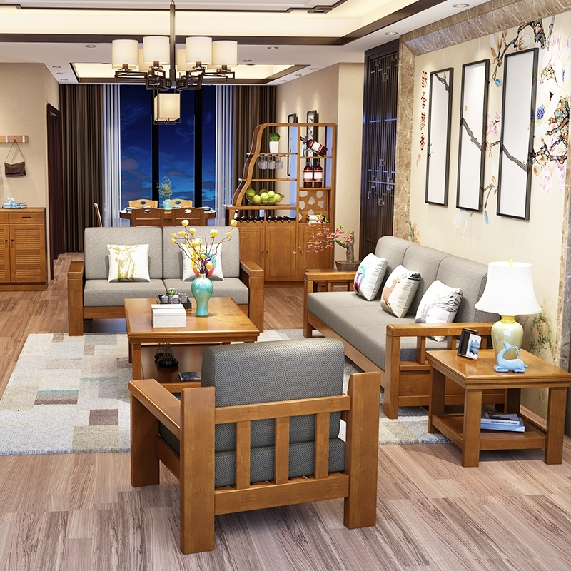 全实木沙发组合客厅现代简约中式小户型布艺带拉床橡木沙发经济型
