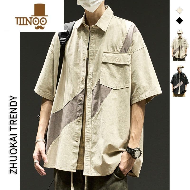 YANXU短袖衬衫男款夏季日系港风复古衬衣潮牌男生翻领拼色工装外套衣服图片