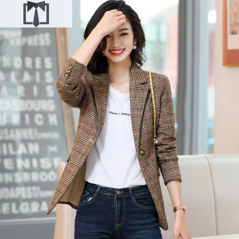 suntek格子西装外套女春秋短款韩版百搭休闲上衣修身收腰小个子150cm