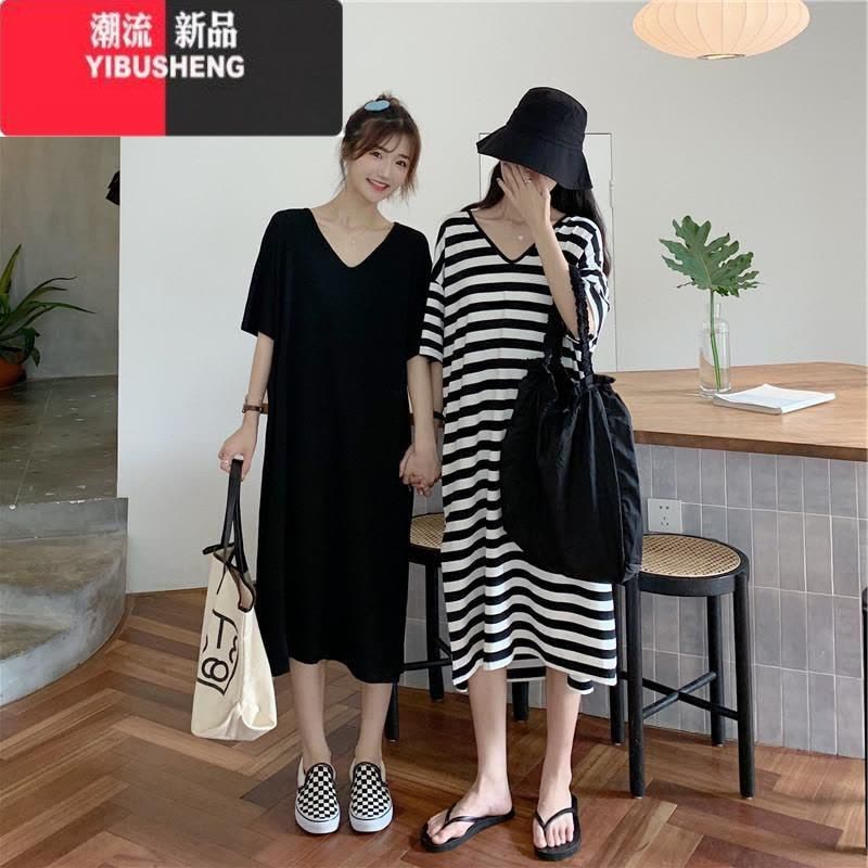 YIBUSHENG慵懒风特大码300斤季韩版短袖胖MM遮肉条纹露背长款T恤连衣裙女图片