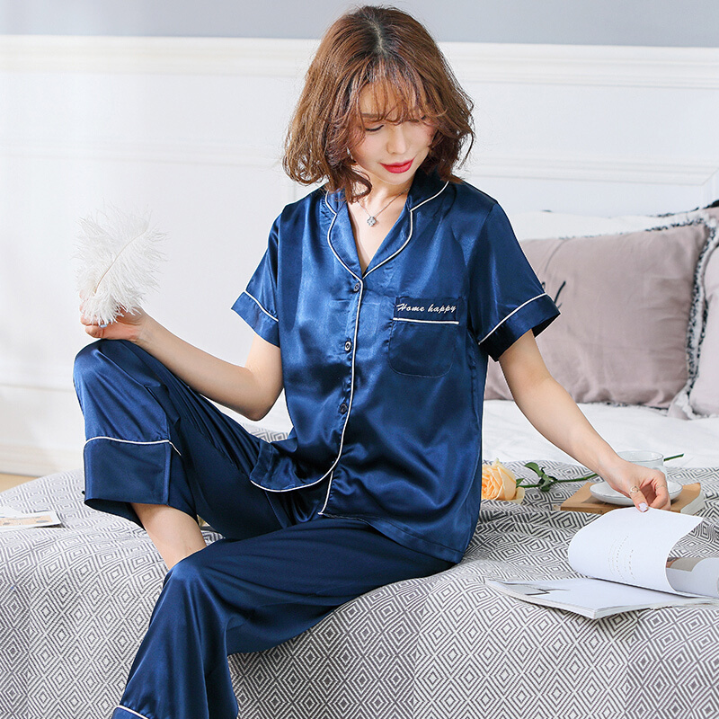 夏季短袖长裤睡衣女冰丝绸两件套装夏天大码薄款可外穿家居服 901 M
