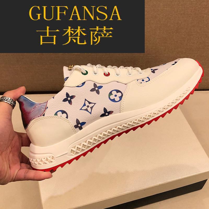 GUFANSA法国奢侈品牌 欧洲上流名士高端品牌2021新款正品个性真皮休闲鞋男士舒适运动小白鞋个性印花lv.162