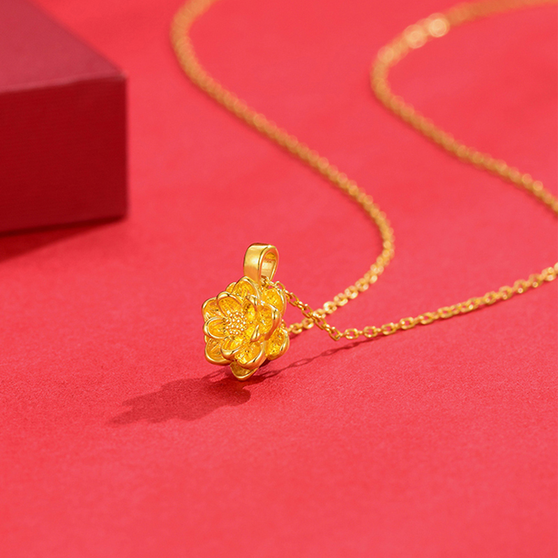 gzuan古钻珠宝好运莲莲黄金3d硬金莲花女士吊坠项链yjd0045