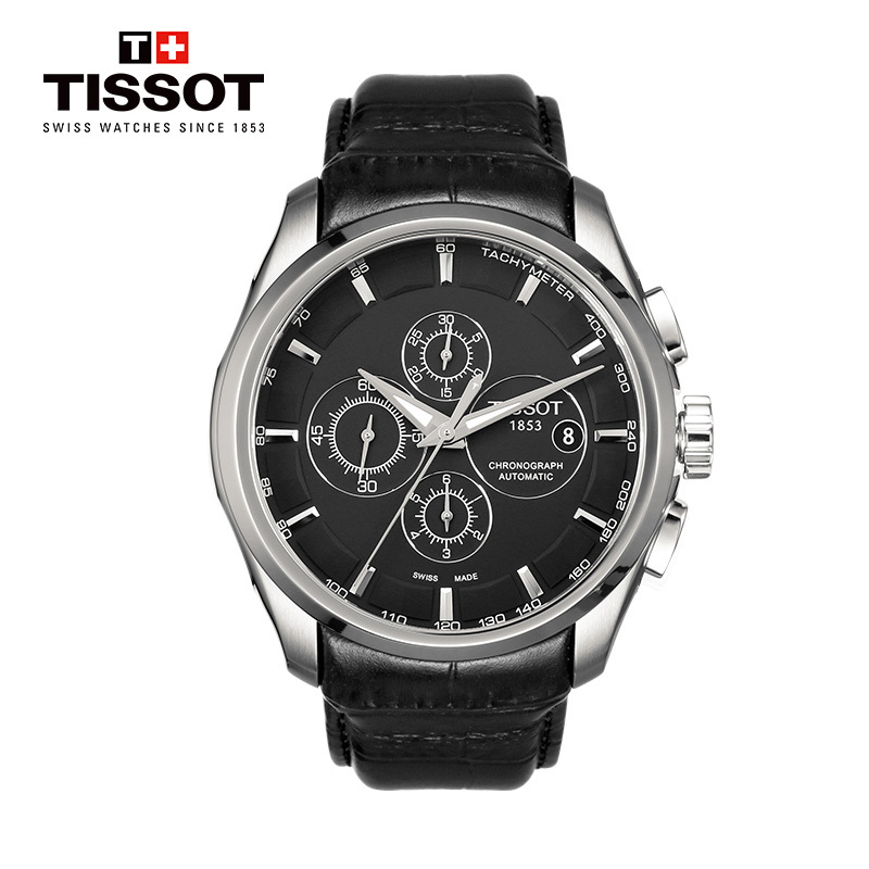 天梭(TISSOT)瑞士手表 炫酷黑盘三盘六针计时商务休闲 库图系列皮带男士机械表T035.627.16.051.00