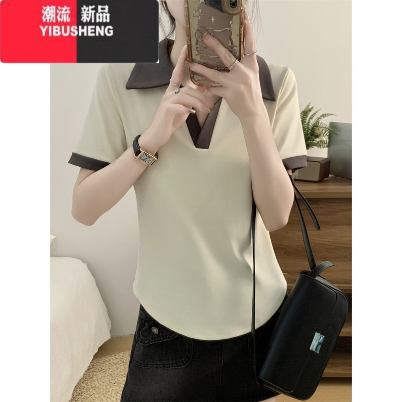 YIBUSHENG大码胖MM女装撞色v领短袖T恤女2024新款设计感美式复古正肩上衣高清大图