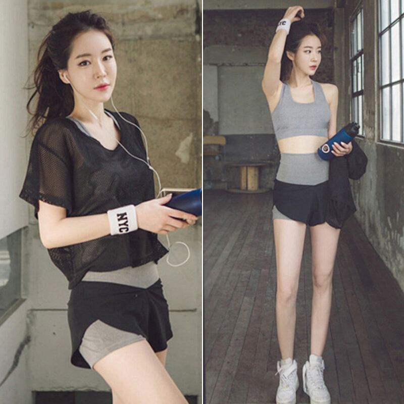 2018夏季新款瑜伽服女专业运动套装宽松性感罩衫健身房跑步速干衣黑罩衫+文胸+短裤三件套