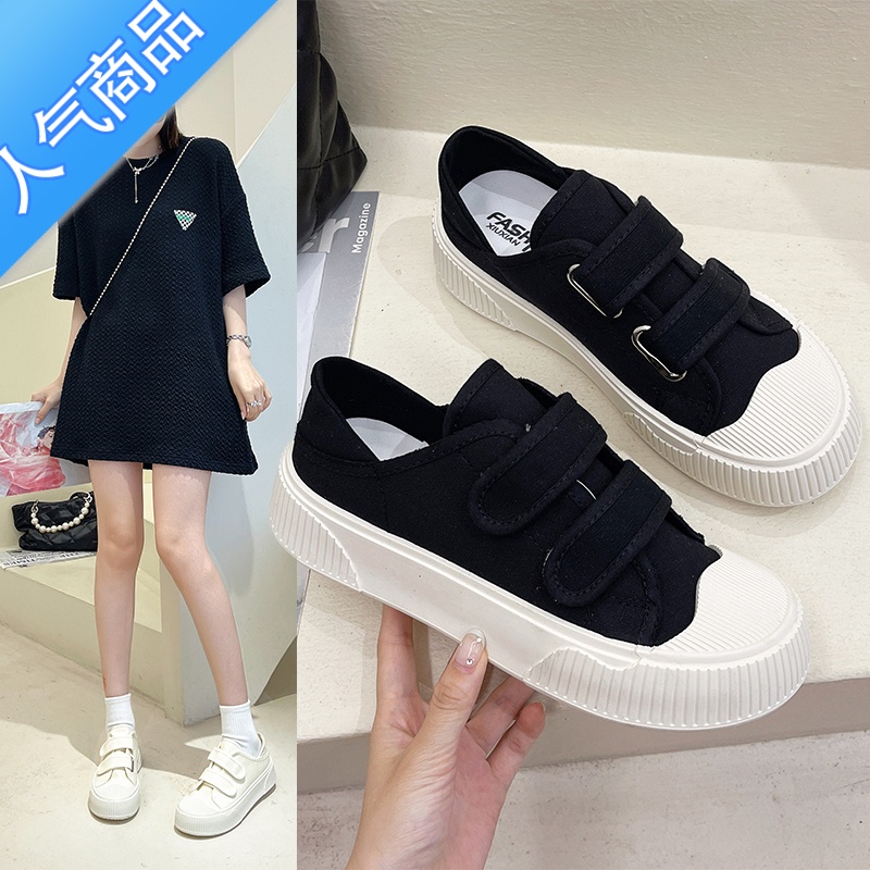 SUNTEK魔术贴两穿厚底小白鞋女学生ins韩版原创小众休闲百搭方头帆布鞋高清大图
