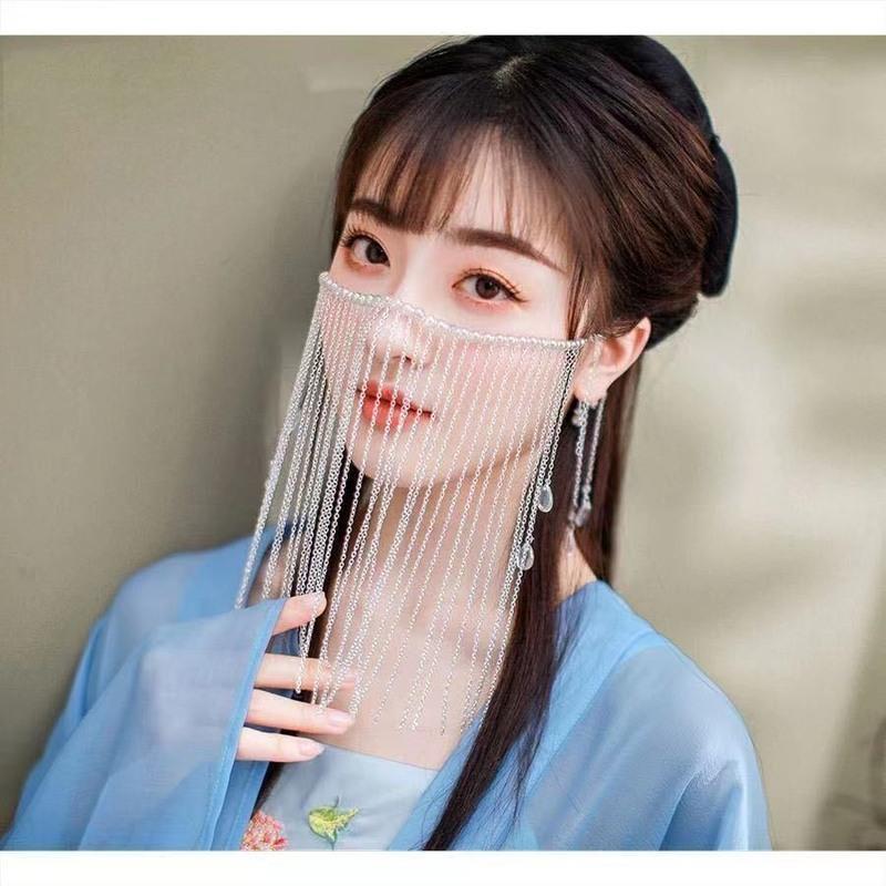 金色面帘耳挂面帘古风遮脸汉服遮面纱配饰流苏步摇挂耳古装饰品全套