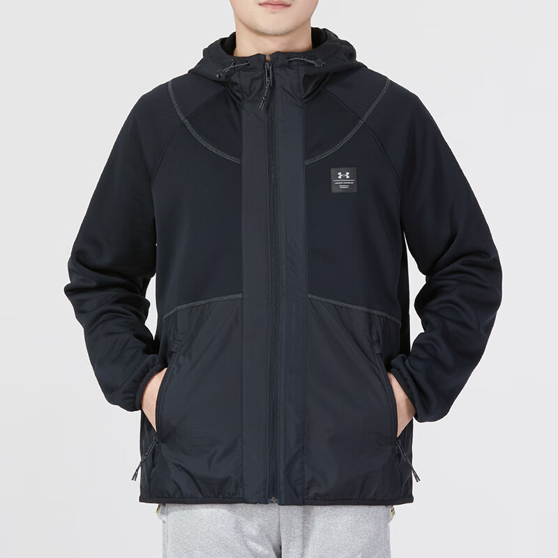 安德玛(Under Armour)男装新款时尚潮流跑步夹克舒适保暖运动休闲连帽外套1373806-001 ZP