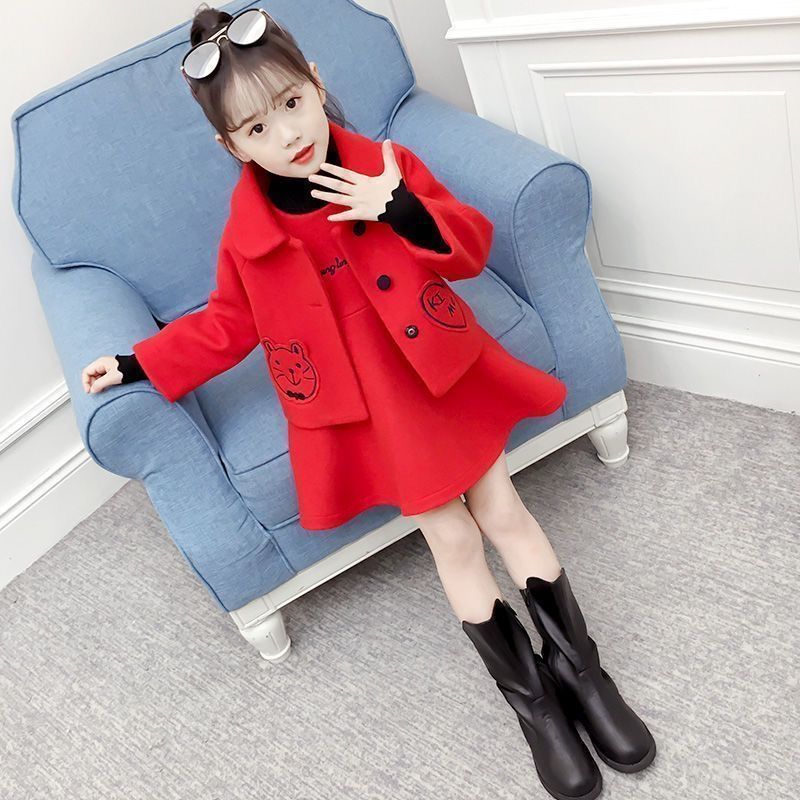 女童冬装新款毛呢套装童装女宝宝洋气小女孩儿童裙子两件套加绒