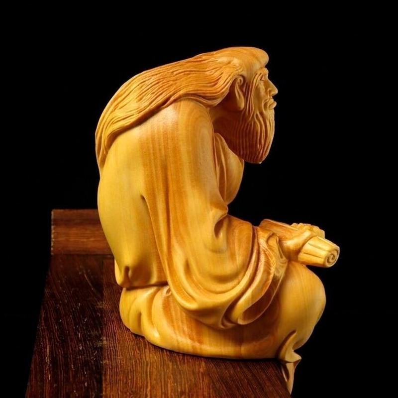 达摩崖柏实木精雕刻手工工艺品茶宠达摩老子传道一指问天道家佛像摆件