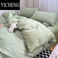 YICHENGins风蓝色华夫格床单四件套夏季小清新水洗棉被套床上三件套床品4