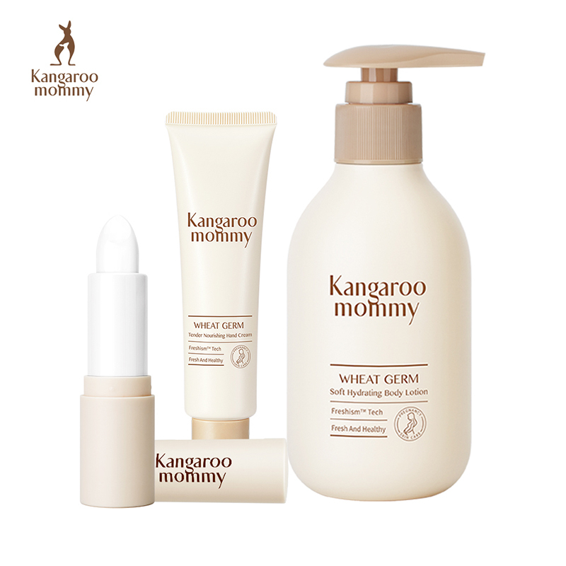 袋鼠妈妈 kangaroomommy 孕妇专用小麦唇膏天然护手霜身体乳补水保湿孕妇护肤品3件套