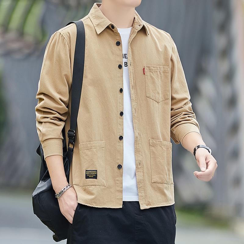 啄木鸟100%纯棉衬衫男士长袖2025新款春秋休闲衬衣工装外套潮1秋高清大图