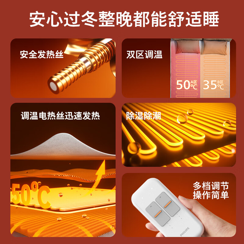 飞利浦(PHILIPS)电热毯家用单双人加热无纺布除螨定时单双温控可水洗电褥子电暖被高清大图