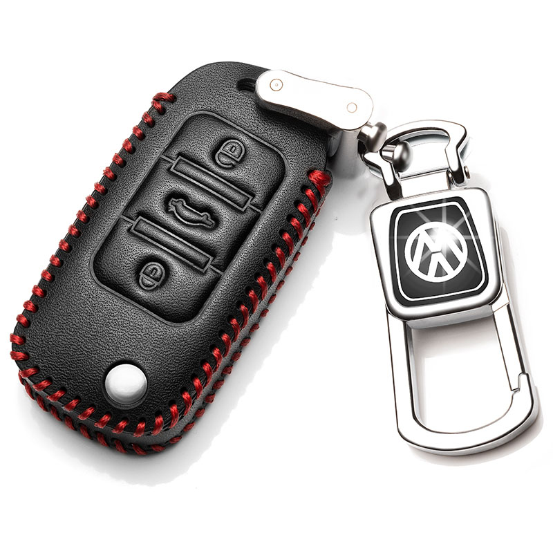 【补贴10%】上汽大众2020款途观L真皮钥匙包19款途观L专用汽车遥控钥匙套扣绳汽车钥匙包 E款黑红色+扣（一键启动全包）12-17款途观