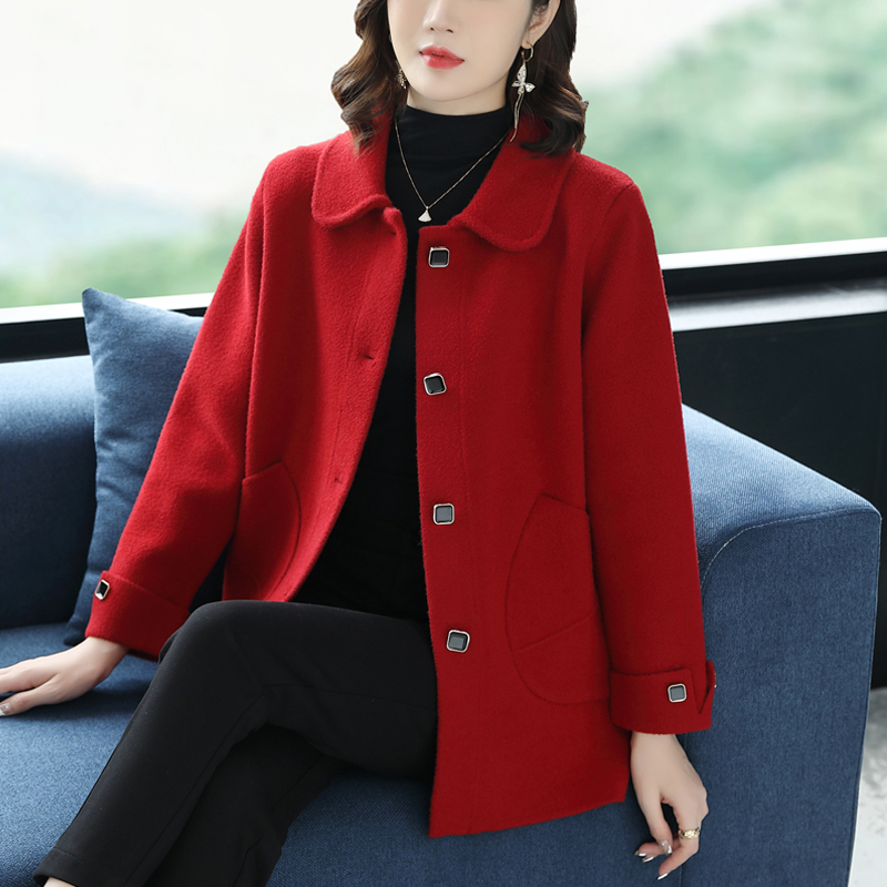 恒源祥中年妈妈秋冬装羊毛呢外套中长款2024新款中老年女洋气大衣 红色单件上衣 2XL(建议120-130斤