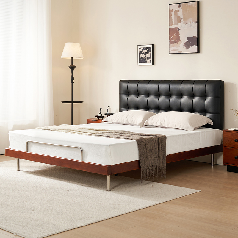 实木床超薄床华夫格包豪斯高脚床双人床主卧床卧室床婚床皮艺软包床