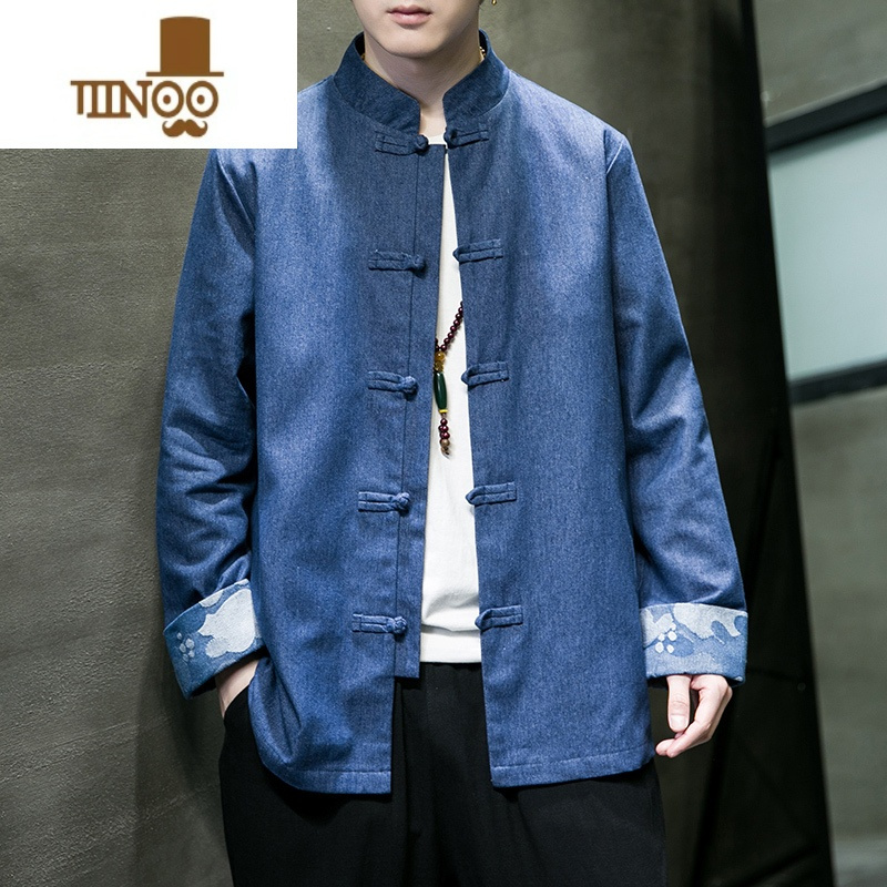 yanxu中国风男装盘扣外套中式潮牌牛仔夹克春季大码复古风棉麻唐装