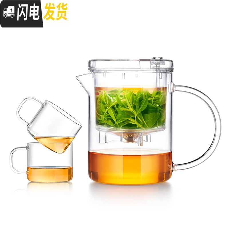 三维工匠飘逸杯泡茶壶家用茶具冲茶器全过滤内胆耐热高温玻璃茶壶套装 短嘴(900)送2杯