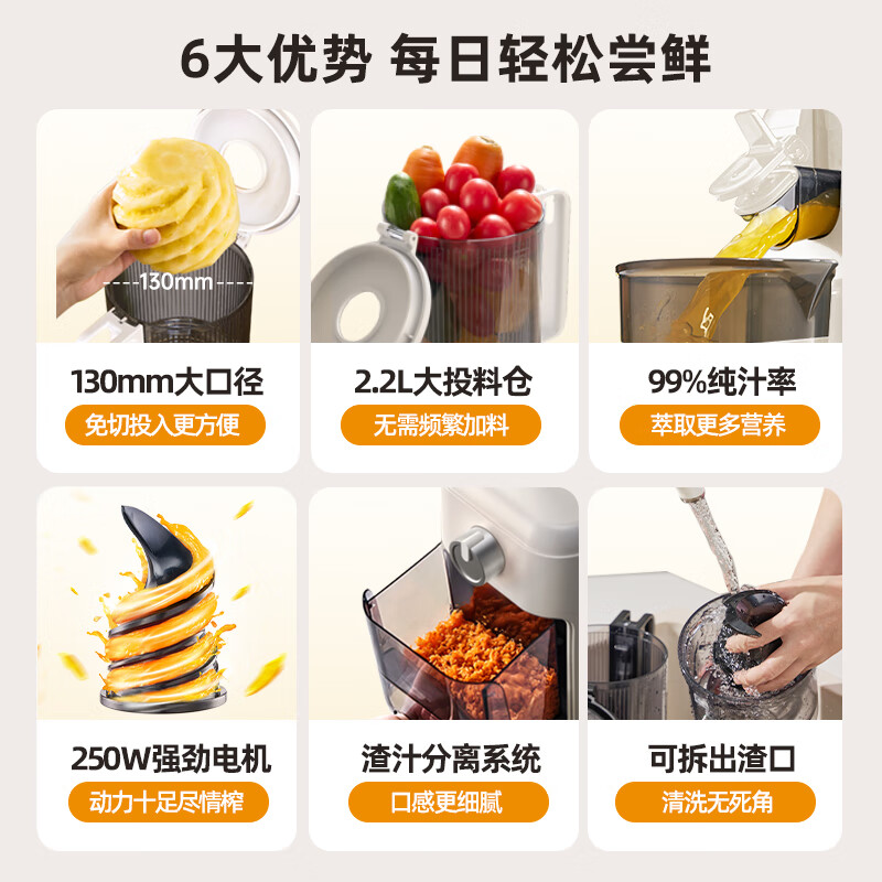 大宇(DAEWOO)大口径原汁机榨汁机汁渣分离家用便携果蔬多功能水果冷榨果汁机可商用电动[白色]DY-BM09高清大图