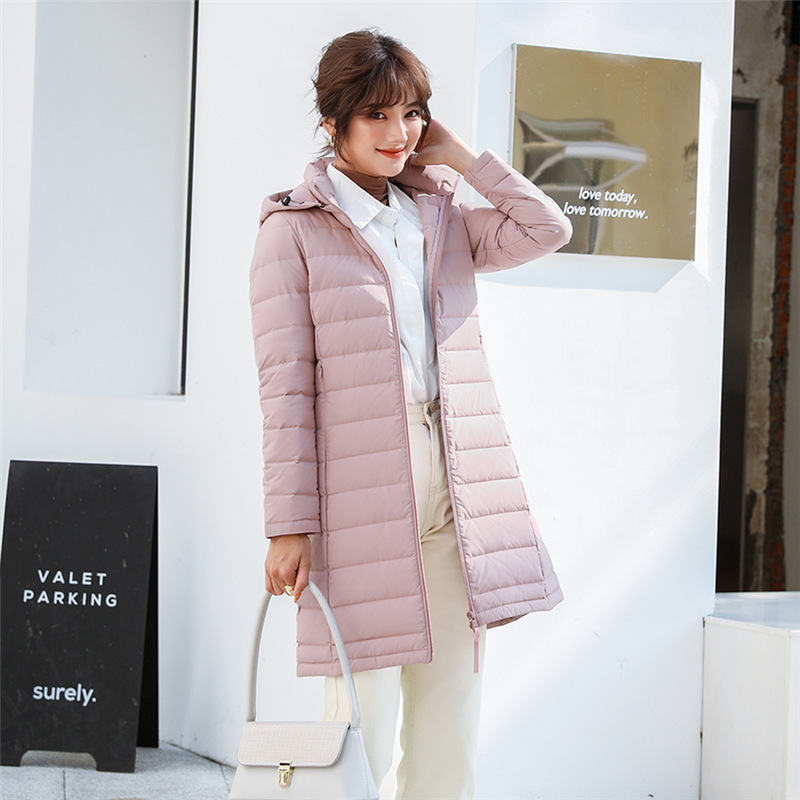 女式90绒女装连帽带帽无缝压胶羽绒服新款中长款大码外套 粉色 XXL